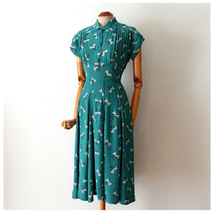 1940s - Glorious Teal Rayon Bows Print Dress - W26 (66cm)