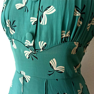 1940s - Glorious Teal Rayon Bows Print Dress - W26 (66cm)