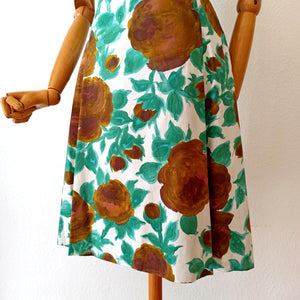 1960s - Gorgeous Brown Roseprint Cotton Dress - W32 (82cm)