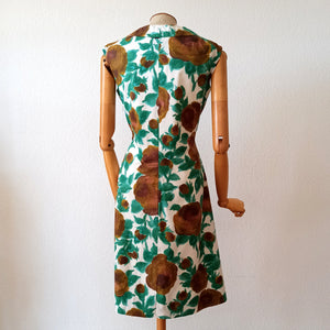 1960s - Gorgeous Brown Roseprint Cotton Dress - W32 (82cm)