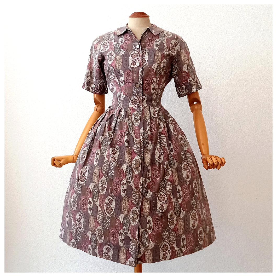 1950s 1960s - Beautiful Autumn Colors Cotton Dress  - W29 (74cm)