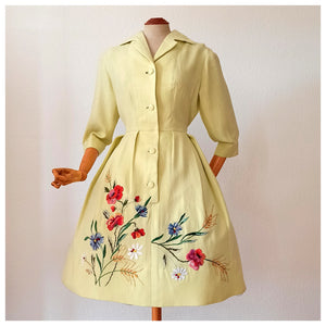 1950s - ANFEA, Switzerland - Outstanding Floral Raffia Ladybugs Linen Dress - W29 (74cm)