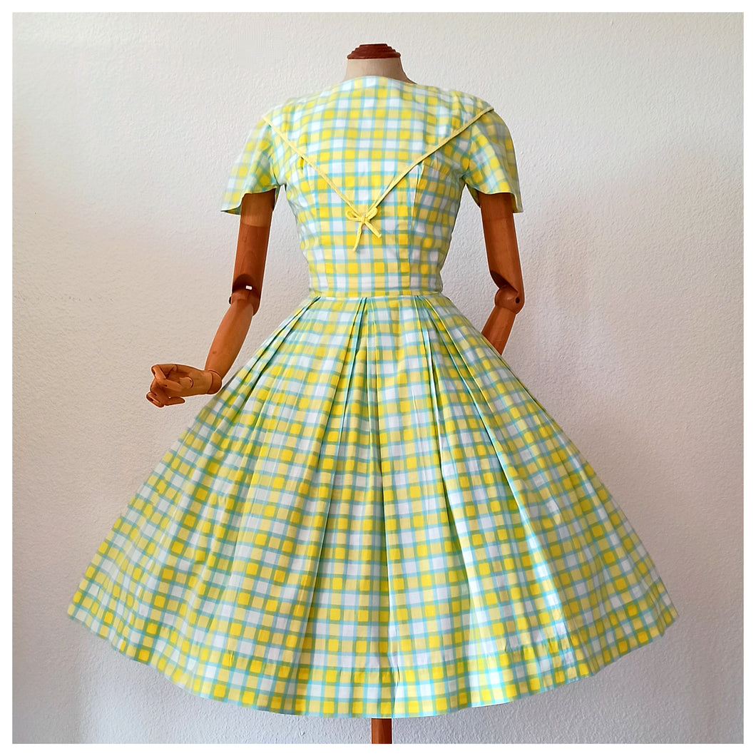 1950s - Adorable Checked Blue Yellow Cotton Dress - W26 (66cm)