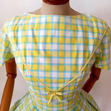 Load image into Gallery viewer, 1950s - Adorable Checked Blue Yellow Cotton Dress - W26 (66cm)
