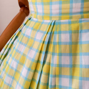 1950s - Adorable Checked Blue Yellow Cotton Dress - W26 (66cm)