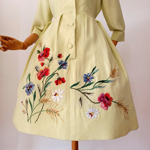 1950s - ANFEA, Switzerland - Outstanding Floral Raffia Ladybugs Linen Dress - W29 (74cm)