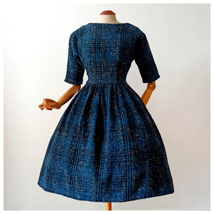 1950s - Stunning Blue Flecked Tartan Wool Dress - W27/28 (70/72cm)