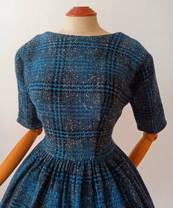 1950s - Stunning Blue Flecked Tartan Wool Dress - W27/28 (70/72cm)