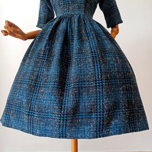 1950s - Stunning Blue Flecked Tartan Wool Dress - W27/28 (70/72cm)