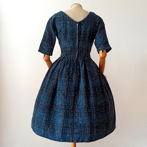 1950s - Stunning Blue Flecked Tartan Wool Dress - W27/28 (70/72cm)