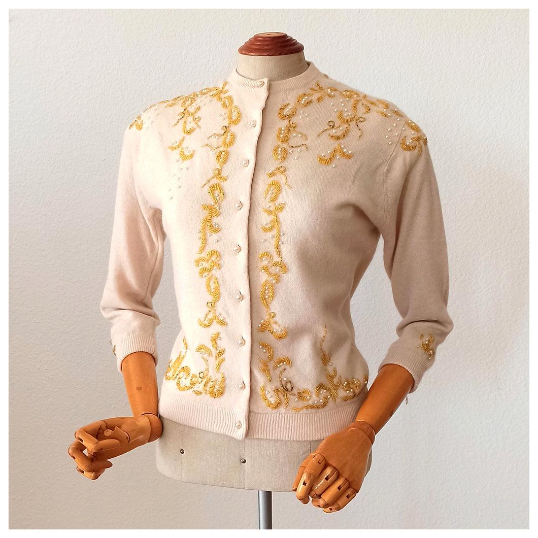 1950s - IM.E. CO, Scotland - Spectacular Pearls & Beads Wool Cardigan