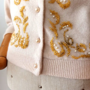 1950s - IM.E. CO, Scotland - Spectacular Pearls & Beads Wool Cardigan