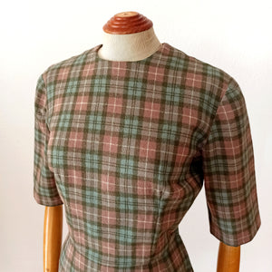 1960s - Gorgeous Autumnal Colors Plaid Wool Dress - W26 (66cm)