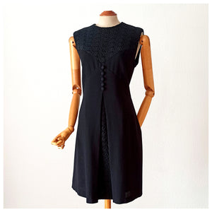 1960s - Superb Black Wool Crepe Lace Dress - W35.5 (90cm)