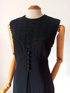 1960s - Superb Black Wool Crepe Lace Dress - W35.5 (90cm)