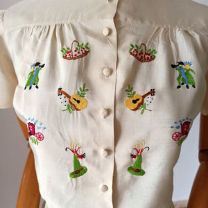 1940s 1950s - UNWORN - Adorable Pure Silk Embroidery Blouse - W33 (84cm)