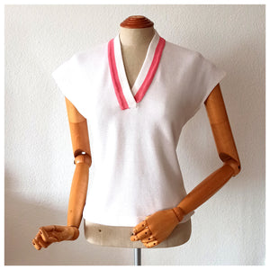 1950s - TRICOTE BZ. F, France - Cute Pink White Cotton Top - W34 (86cm)