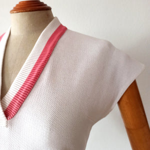 1950s - TRICOTE BZ. F, France - Cute Pink White Cotton Top - W34 (86cm)