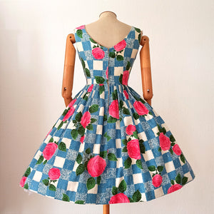 1950s 1960s - Stunning Roseprint Barkcloth Dress - W25 (64cm)