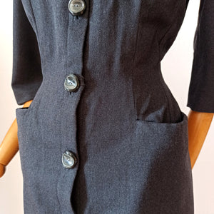 1950s - Superb Curvy Dark Grey Wool Dress - W31 (78cm)