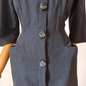 1950s - Superb Curvy Dark Grey Wool Dress - W31 (78cm)