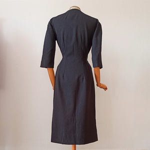 1950s - Superb Curvy Dark Grey Wool Dress - W31 (78cm)