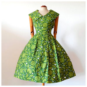 1950s - Stunning Abstract Green Cotton Linen Dress - W28.5 (72cm)