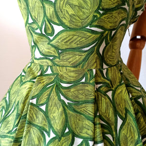 1950s - Stunning Abstract Green Cotton Linen Dress - W28.5 (72cm)