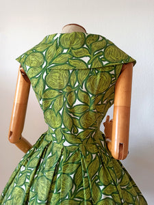 1950s - Stunning Abstract Green Cotton Linen Dress - W28.5 (72cm)