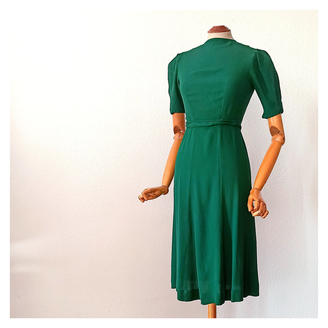 1930s - Glorious Forest Green Rayon Crepe Dress - W28.5 (72cm)