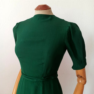 1930s - Glorious Forest Green Rayon Crepe Dress - W28.5 (72cm)