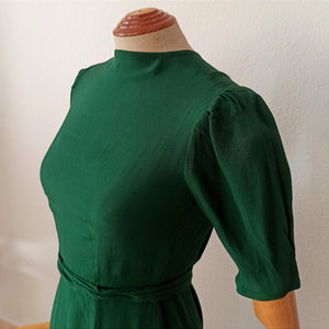 1930s - Glorious Forest Green Rayon Crepe Dress - W28.5 (72cm)