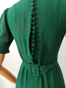 1930s - Glorious Forest Green Rayon Crepe Dress - W28.5 (72cm)