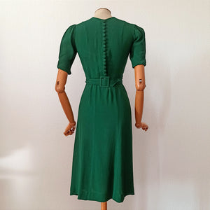 1930s - Glorious Forest Green Rayon Crepe Dress - W28.5 (72cm)