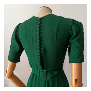 1930s - Glorious Forest Green Rayon Crepe Dress - W28.5 (72cm)