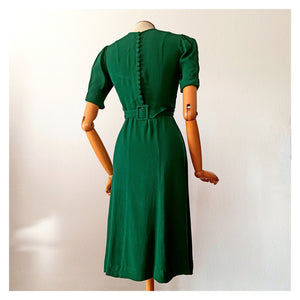 1930s - Glorious Forest Green Rayon Crepe Dress - W28.5 (72cm)