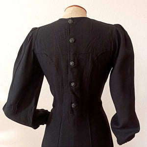 1930s - Superb Black Rayon Wool Dress - W31 (78cm)