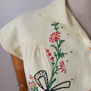 1940s - Ultragorgeous Embroidery Vanilla Rayon Blouse - W31 (78cm)