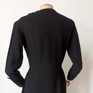 1930s - Superb Black Textured Crepe Dress - W32 (82cm)