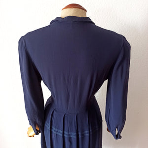 1940s - Elegant German Deep Blue Crepe Dress - W27.5 (70cm)