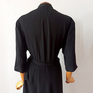 1930s 1940s - Elegant Black Belted Rayon Crepe Dress - W39 (100cm)