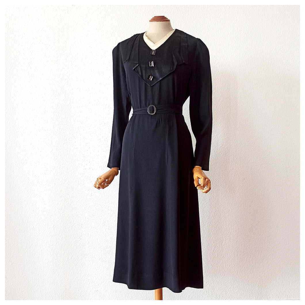 1930s - Exquisite Art Deco Black Crepe Dress - W37 (94cm)