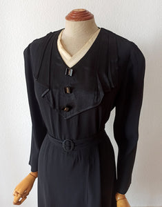 1930s - Exquisite Art Deco Black Crepe Dress - W37 (94cm)