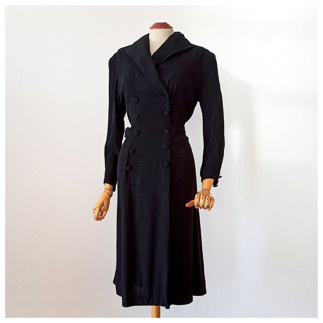 1940s - Gorgeous Black Rayon Crepe Dress - W31 (80cm)