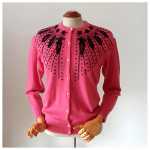 1950s 1960s - TAI BON, Taiwan - Gorgeous Pink Beaded Cardigan - Sz. M
