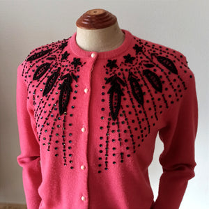 1950s 1960s - TAI BON, Taiwan - Gorgeous Pink Beaded Cardigan - Sz. M