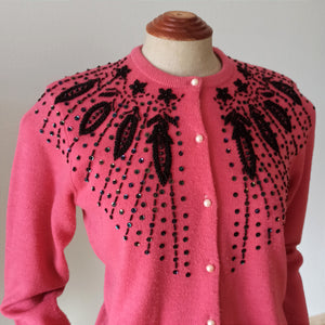 1950s 1960s - TAI BON, Taiwan - Gorgeous Pink Beaded Cardigan - Sz. M