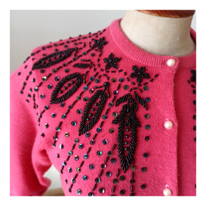 1950s 1960s - TAI BON, Taiwan - Gorgeous Pink Beaded Cardigan - Sz. M