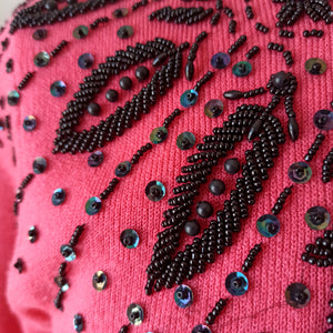 1950s 1960s - TAI BON, Taiwan - Gorgeous Pink Beaded Cardigan - Sz. M