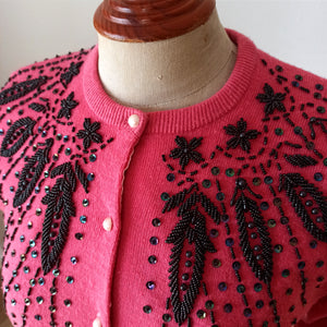 1950s 1960s - TAI BON, Taiwan - Gorgeous Pink Beaded Cardigan - Sz. M